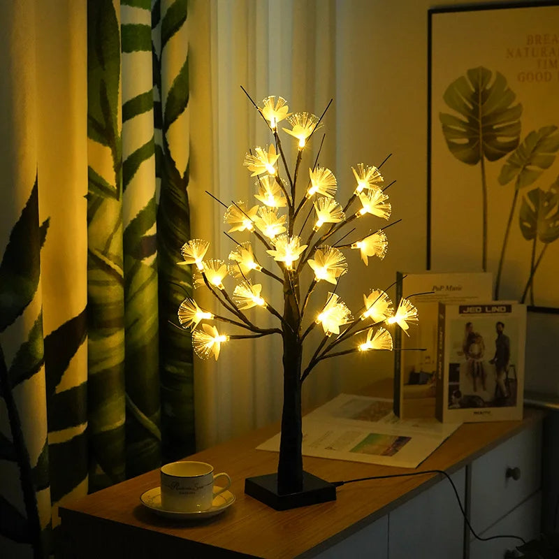 Lumière pour arbre à fleurs en fibre optique en bouleau blanc